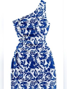 One-Shoulder Blue & White Floral Sheath Dress